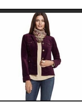 Chico’s plum velvet military style jacket gold buttons XL